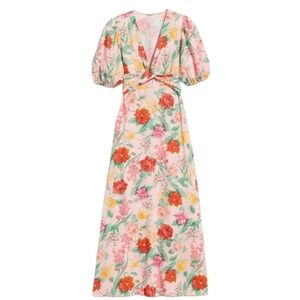 Old navy Fit & Flare Linen-Blend Maxi Dress Floral Twist Front Puff Sleeve